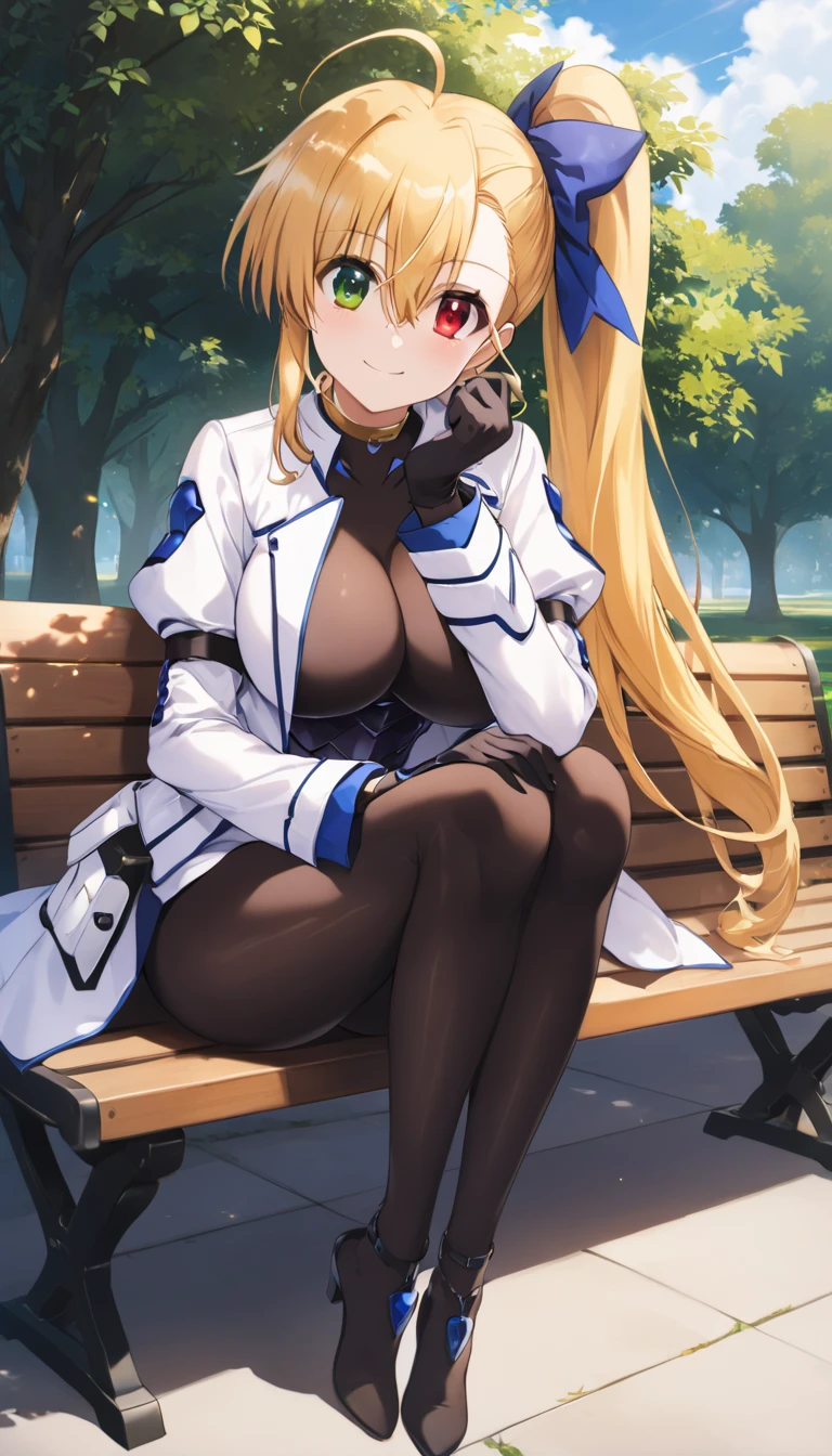 ((full body)), score_9,  score_8_up,  score_7_up,  score_6_up,  score_5_up,  score_4_up, sauce_Anime, bbvivio, aged up, Long Hair,  blond hair, Ahoge,   Side Ponytail ,   hair bow,  heterochromia,  Big Breasts ,  black bodysuit ,  cropped jacket ,   white jacket,  Puff Sleeves ,  Long Sleeve ,  black gloves , armor,  sitting, bench, Outdoor, smile, Wavy,