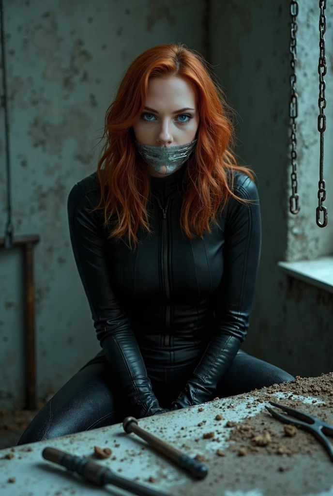 beautiful young girl, red hair, tied up and gagged, location is a dark dungeon