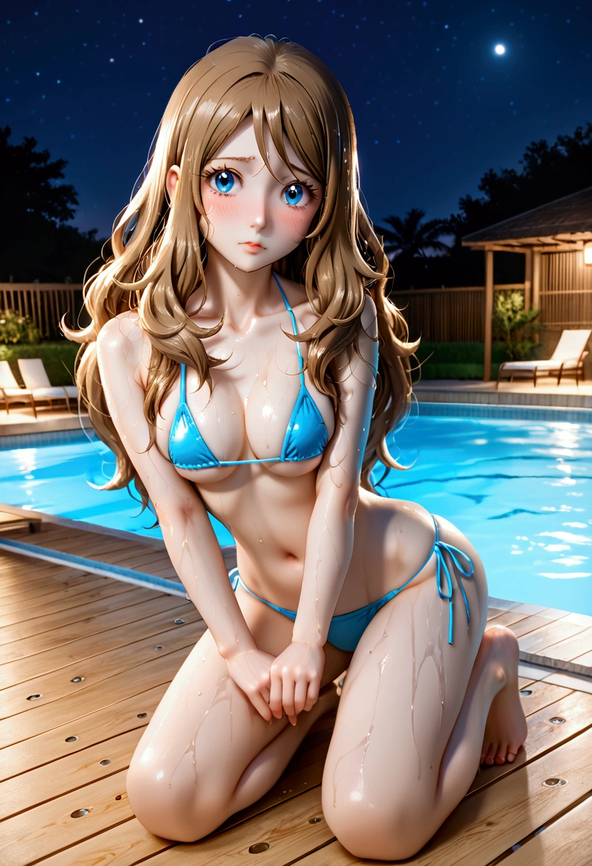 serena, long hair, blue eyes, brown hair, Bikini Swimwear, micro bikini, sexy pose, blush, shy, Pose seductively, Posing provocatively, Wet body, pool, night, looking at viewer, Body tingling, full body, Bare Neck