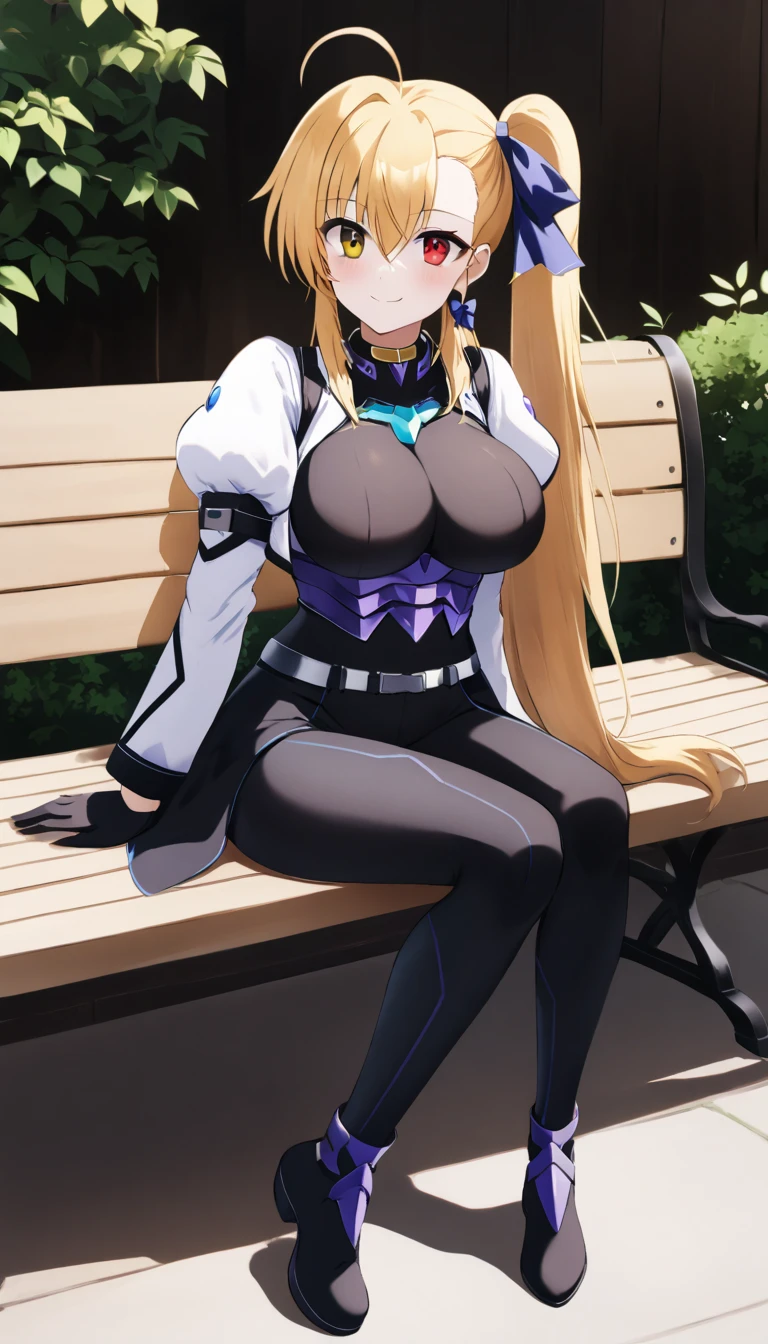 ((full body)), score_9,  score_8_up,  score_7_up,  score_6_up,  score_5_up,  score_4_up, sauce_Anime, bbvivio, aged up, Long Hair,  blond hair, Ahoge,   Side Ponytail ,   hair bow,  heterochromia,  Big Breasts ,  black bodysuit ,  cropped jacket ,   white jacket,  Puff Sleeves ,  Long Sleeve ,  black gloves , armor,  sitting, bench, Outdoor, smile, Wavy,