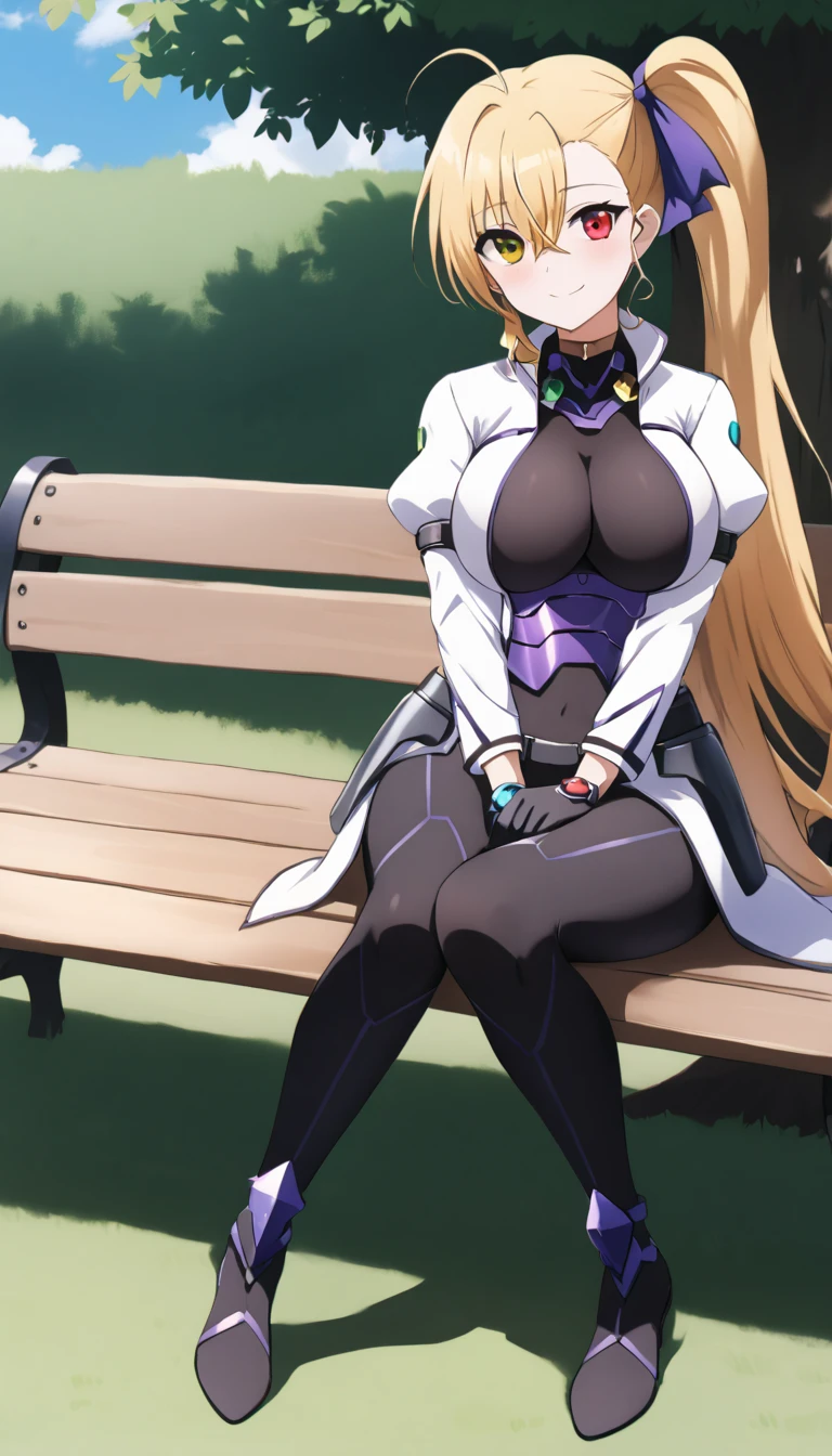 ((full body)), score_9,  score_8_up,  score_7_up,  score_6_up,  score_5_up,  score_4_up, sauce_Anime, bbvivio, aged up, Long Hair,  blond hair, Ahoge,   Side Ponytail ,   hair bow,  heterochromia,  Big Breasts ,  black bodysuit ,  cropped jacket ,   white jacket,  Puff Sleeves ,  Long Sleeve ,  black gloves , armor,  sitting, bench, Outdoor, smile, Wavy,