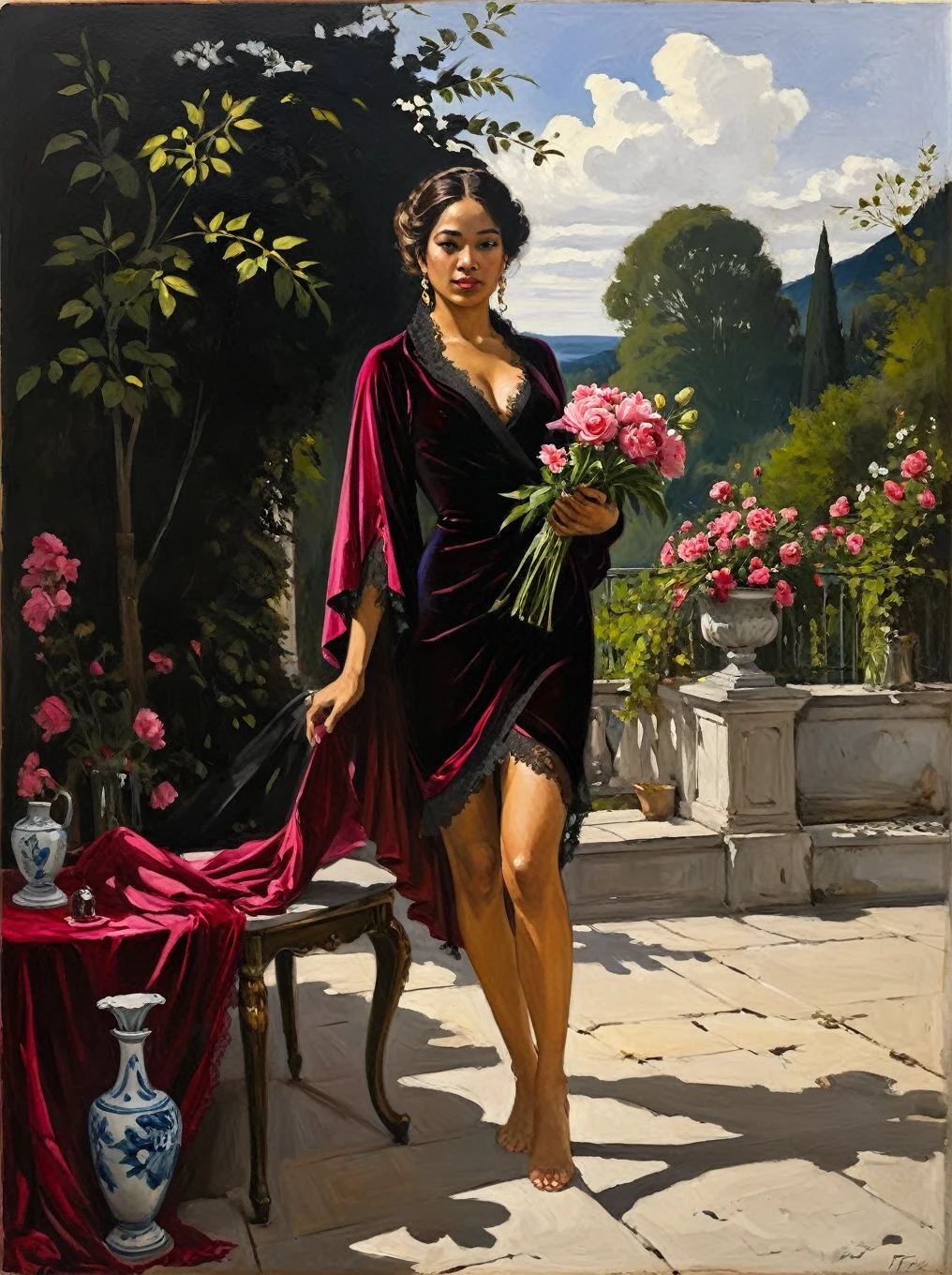 Very authentic painting by (Fabian Perez:1.3) & (Waldemar Kazak:1.1) of   a naked mixed woman ,  draped in a rich crimson velvet shawl that accentuates her figure. A portrait of an elegant woman in an opulent 18th-century dress, featuring a rich, deep pink gown with voluminous sleeves and delicate white lace trim. She stands gracefully beside a small, ornate table adorned with a vase of blooming flowers. The background is softly dark, enhancing the vivid colors of her attire and the vase. The lighting is dramatic, casting gentle shadows to emphasize the textures of the fabric and the intricate details of the lace. The overall aesthetic is realistic, inviting viewers into a nostalgic, timeless moment. The colors include rich pinks, soft whites, and subtle hints of green and gold from the flowers and vase, creating a harmonious and lively composition.  , exaggerate full body pose  , light leaks, Acrylic Oil Painting , flat vector art ,  The painting is done with loose large rough brushstrokes and vibrant imperial colors. The overall mood of the painting is provocative, sensual 