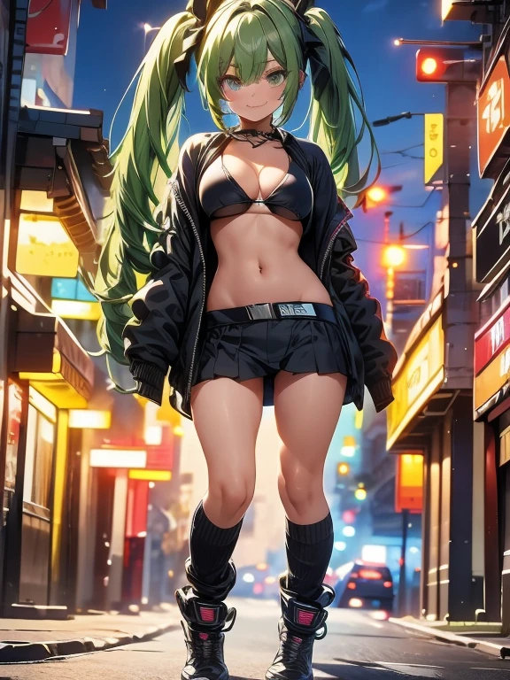 ((masterpiece,Highest quality:1.3)),cowboy shot,1woman,30 year old beauty,solo,((very small head:1.3)),green hair,(low ponytail),long hair,blunt bangs,green eyes,gorgeous eyes,shy,smile,medium breasts,((very long body:1.2)),((toned body,slender body,skinny)),gleaming skin,shiny skin,(leather coat、Leather bra、navel、Tight Skirt)、barefoot、standing,Metropolis、neon、cyber punk、World of Blade Runner、