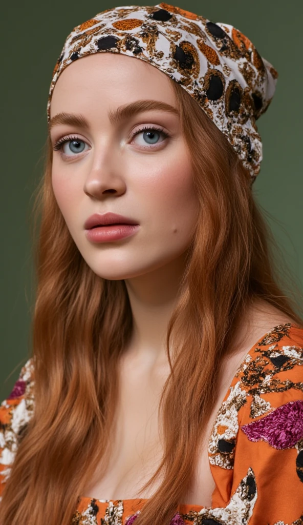 Portrait style image featuring a woman with fair skin and long brown hair, styled in a loose, natural manner. She wears a patterned headscarf in earthy tones, wrapped around her head with a knot at the top. Her facial features include full lips, a straight nose, and prominent eyebrows. She is dressed in a bohemian-style outfit with an orange base color, adorned with intricate paisley and floral patterns in shades of pink, brown, and cream. The background is blurred, suggesting an outdoor setting with muted natural colors, enhancing the focus on the subject.