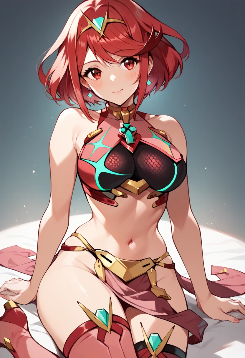 ( ultra high resolution、 super quality),pyra \(xenoblade\), 1girl, red hair, short hair, swept bangs, bob cut, red eyes, tiara, earrings, chest jewel, neon trim, red footwear, thigh boots,(slave leia outfit)