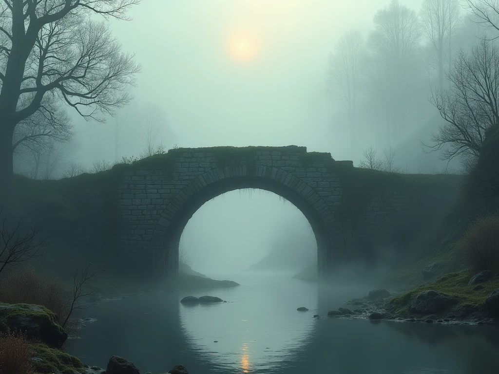 A hauntingly beautiful digital painting of an ancient stone bridge partially obscured by a thick, ethereal fog. The bridge arches gracefully over a slow-moving river, its weathered stones covered in moss and cracks that hint at centuries of history. Vines and wild plants creep along the sides of the bridge, adding a touch of nature reclaiming its domain.
The fog is dense and swirling, glowing faintly as sunlight struggles to pierce through, casting soft beams that illuminate parts of the bridge and the calm waters below. On one side of the river, the faint outline of an old forest emerges from the mist, its trees twisted and ancient, their branches disappearing into the white veil. On the other side, crumbling ruins of an old village or castle add a mysterious and forgotten atmosphere to the scene.
The overall color palette consists of muted grays, greens, and silvers, with subtle golden highlights from the diffused light. The air feels cold and damp, and the scene is imbued with a sense of quiet solitude and ancient mystery. The style is ultra-detailed and realistic, with soft lighting effects that make the fog almost tangible.