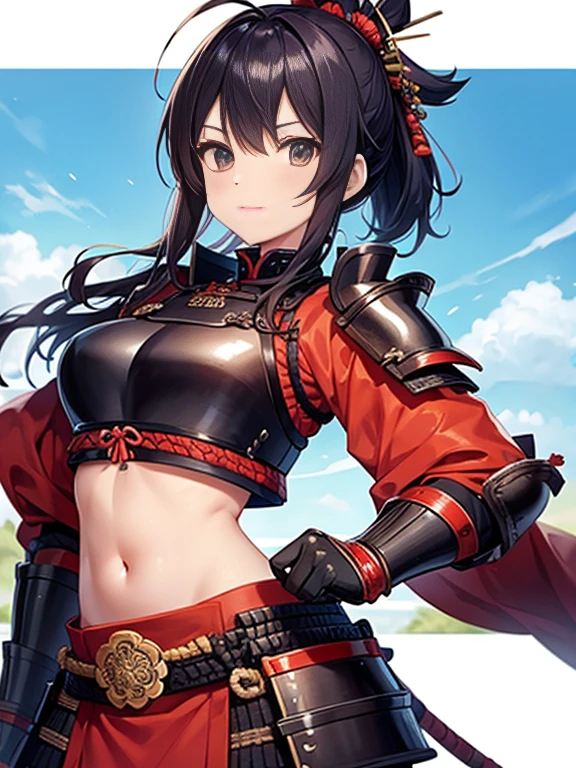 1girl, five fingers, looking at viewer, ponytail, ((best quality)), ((ultra-detailed)), samurai, Japanese clothes armor, dynamic angle, smile, black hair, long hair, stylish pose, open mouth, japanese Castle, large breasts, cleavage, upper body, front view,