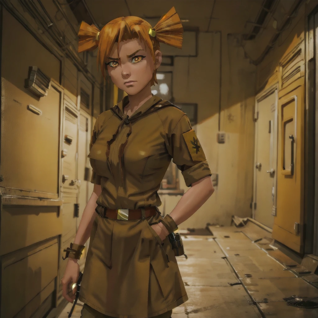 Military girl,blalisa, yellow hairpin, orange eyes, orange hair, short twintails, 