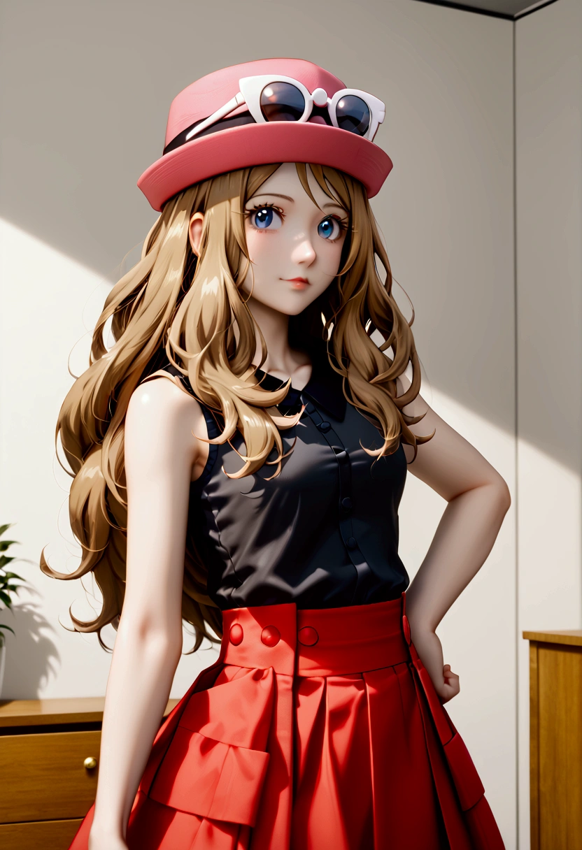 serena, long hair, blue eyes, brown hair, eyewear on head, hat, skirt, sunglasses, shirt, black shirt, sleeveless, red skirt, pink hat, stand, Confident pose, Room, Displeased face, Beautiful view, good atmosphere