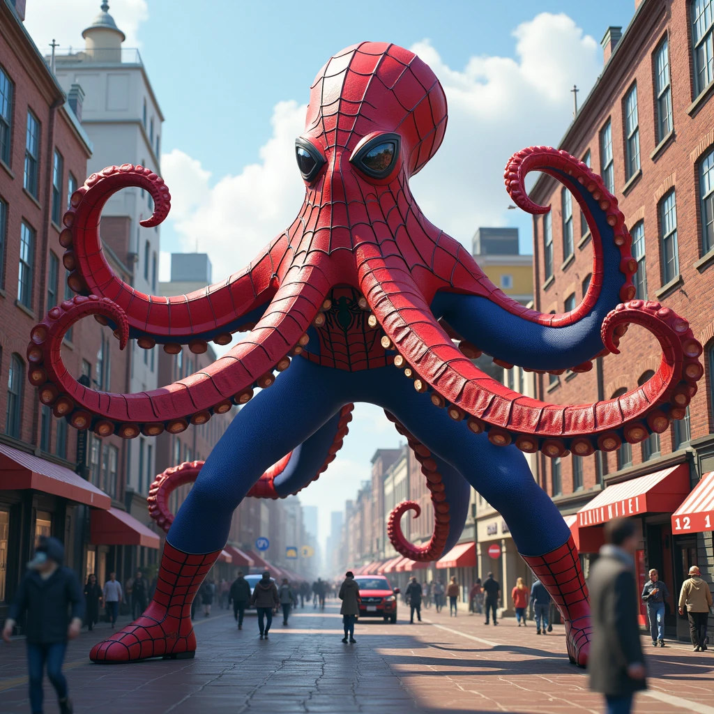 A real giant octopus with spiderman costume, at the town