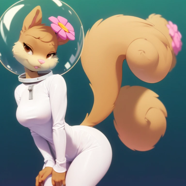 sandy-cheeks, (bubble helmet:1.3), furry female anthro, squirrel girl, (hair flower:1.1), (white shirt:1.2, long sleeves), solo, (body fur:1.2), (best quality), (warm colors:1.2), dramatic lighting, (detailed fluffy fur:1.1), looking at viewer, small breasts, (tail:1.1), bending over, standing, side view