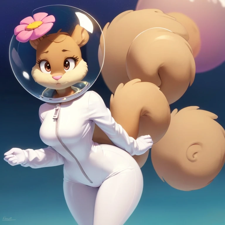 sandy-cheeks, (bubble helmet:1.3), furry female anthro, squirrel girl, (hair flower:1.1), (white shirt:1.2, long sleeves), solo, (body fur:1.2), (best quality), (warm colors:1.2), dramatic lighting, (detailed fluffy fur:1.1), looking at viewer, small breasts, (tail:1.1), bending over, standing, side view