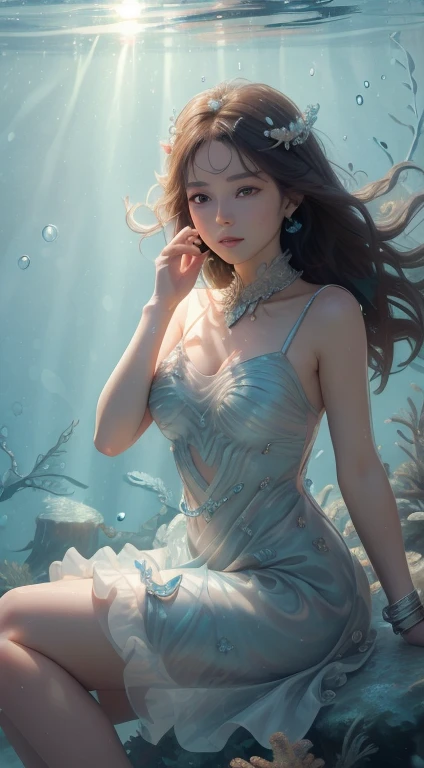 Breathtaking 8K, Masterpiece, Beautiful woman,  (Bioluminescent dress), full bodyesbian, ((At the bottom of the sea)),Lots of bubbles， ((Underwater)), ((Fish)), (Caustics),  Light rays