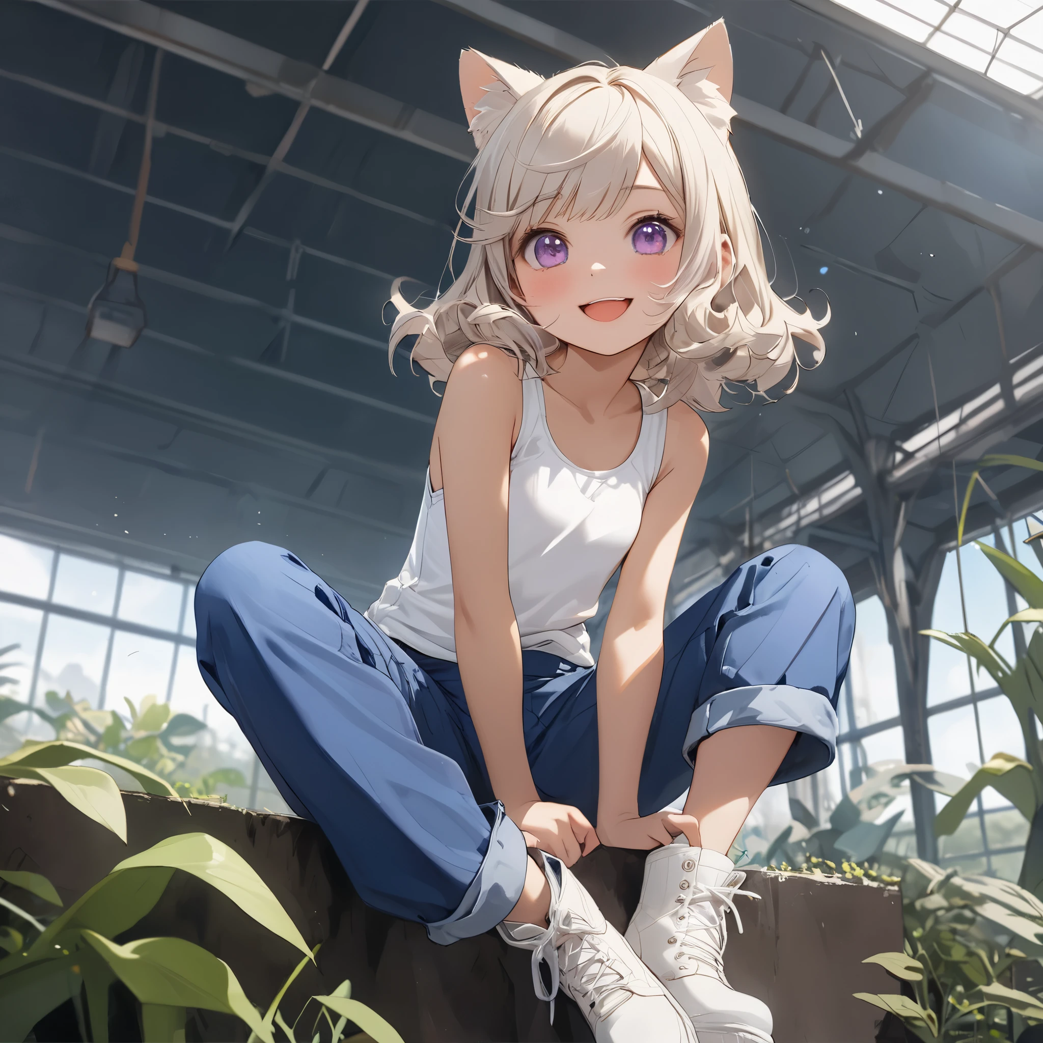 Anime girl sitting on a rock with her cat ears up - SeaArt AI