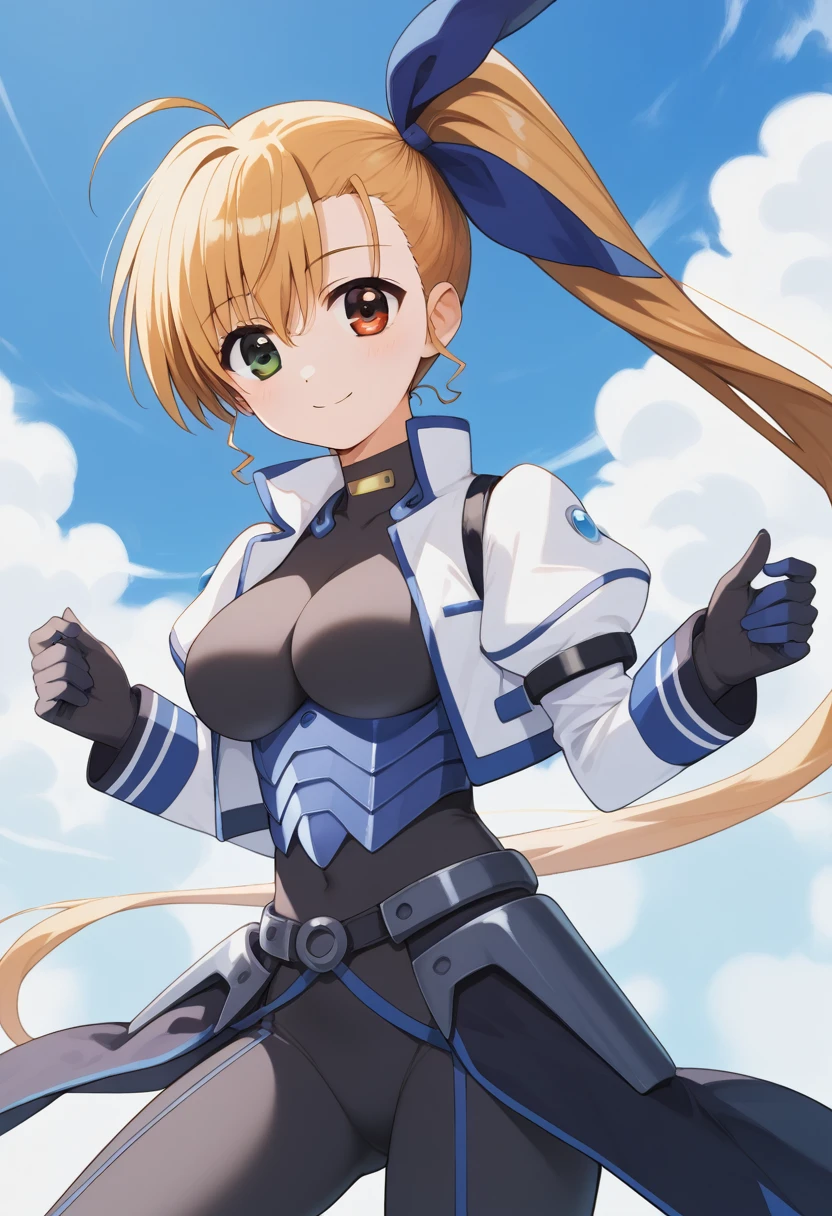  score_9,  score_8_up,  score_7_up,  score_6_up,  score_5_up,  score_4_up, sauce_Anime, bbvivio, aged up, Long Hair,  blond hair, Ahoge,   Side Ponytail ,   hair bow,  heterochromia ,  Big Breasts ,  black bodysuit ,  cropped jacket ,   white jacket,  Puff Sleeves ,  Long Sleeve ,  black gloves , armor,   slouching forward,  looking over shoulder ,  from behind,  high detail,  High Quality ,smile, Wavy,