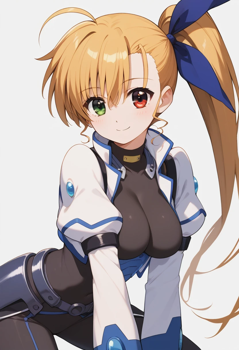  score_9,  score_8_up,  score_7_up,  score_6_up,  score_5_up,  score_4_up, sauce_Anime, bbvivio, aged up, Long Hair,  blond hair, Ahoge,   Side Ponytail ,   hair bow,  heterochromia,  Big Breasts ,  black bodysuit ,  cropped jacket ,   white jacket,  Puff Sleeves ,  Long Sleeve ,  black gloves , armor,   slouching forward,  looking over shoulder ,  from behind,  high detail,  High Quality ,smile, Wavy,