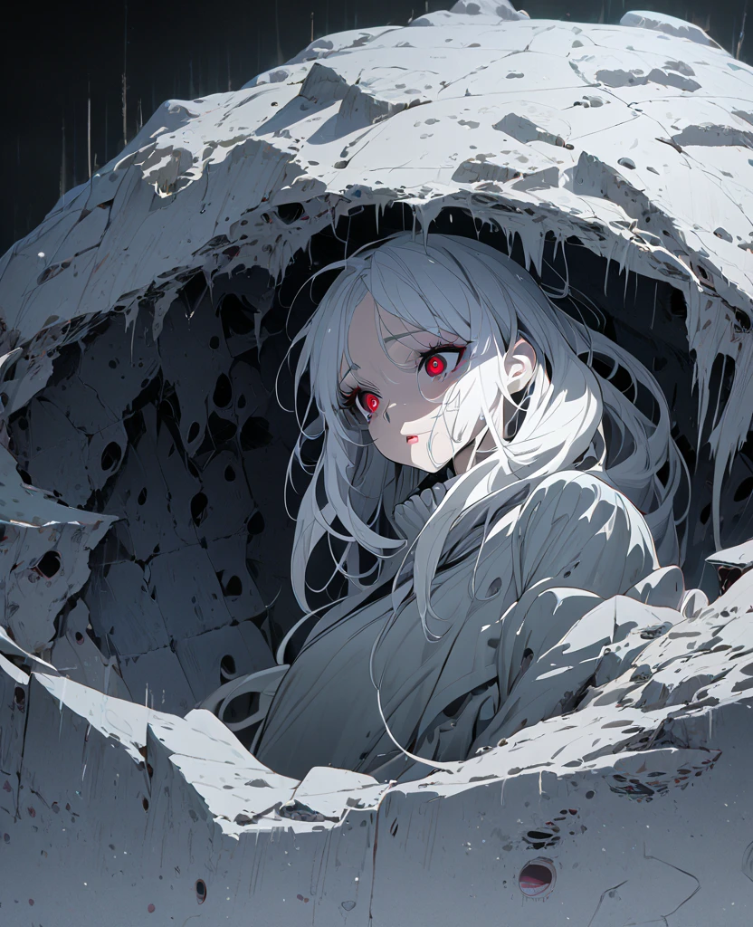 (Masterpiece), 1girl, solo focused, anime style, expressive eyes, skindation, with detailed eyes, full body,detailed lips, long eyelashes, best quality, 8k, highres, ultra-detailed, studio lighting, cold colors, long white hair, twin-tail white hair, red eyes, cold expression, side profile, desolate background, inside a giant crater, death, gray-toned background, rubbles, torn down buildings