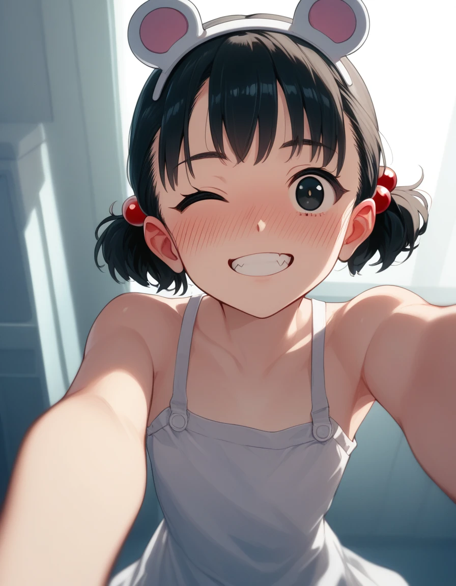 black hair, hair bobbles, wince, longeyelashes, solid circle eyes, fake animal ears, light smile, ear blush, fang, ccurate, Surrealism, drop shadow, anaglyph, stereogram, tachi-e, pov, atmospheric perspective, Fujifilm, three sided view, 8k, super detail, best quality