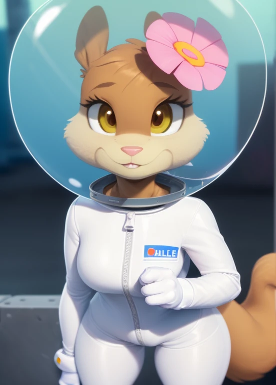 sandy-cheeks, (bubble helmet:1.3), furry female anthro, squirrel girl, portrait, (hair flower:1.1), (white skinsuit:1.2), solo, (body fur:1.2), (best quality), (detailed urban background:1.2), dramatic lighting, (detailed fluffy fur:1.1), looking at viewer,  small breasts, (tail:1.1), 