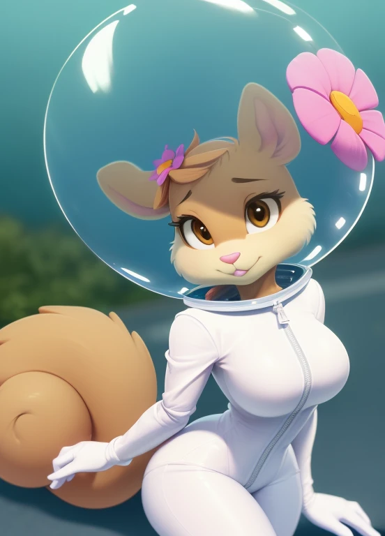 sandy-cheeks, (bubble helmet:1.3), furry female anthro, squirrel girl, portrait, (hair flower:1.1), (white skinsuit:1.2), solo, (body fur:1.2), (best quality), (detailed urban background:1.2), dramatic lighting, (detailed fluffy fur:1.1), looking at viewer,  small breasts, (tail:1.1), 