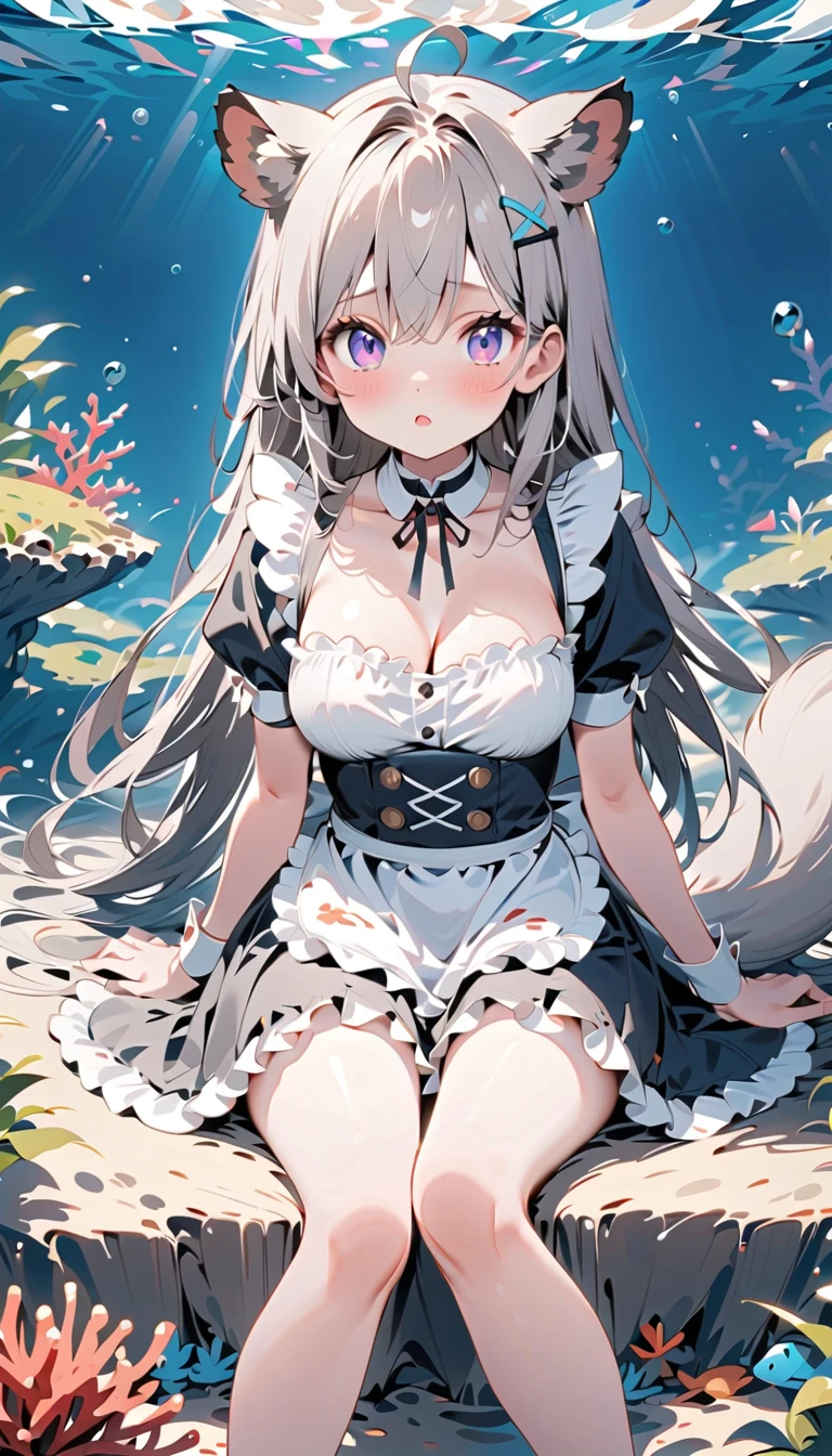 1girl,solo,animal ears,long hair,cat ears,breasts,navel,skirt,fruit,cat tail,tail,cleavage,bell,food,white background,looking at viewer,midriff,simple background,bridal garter,shoes,holding,standing,apron,ribbon,standing on one leg,wrist cuffs,choker,medium breasts,garter straps,neck bell,very long hair,jingle bell,leg up,bow,detached sleeves,crop top,blush,holding food,white hair,frills,holding fruit,mary janes,hair ornament,strawberry,waist apron,collarbone,puffy sleeves,hair between eyes,hair ribbon,short sleeves,bangs,blue footwear,thighhighs,maid headdress,collar,brown eyes,