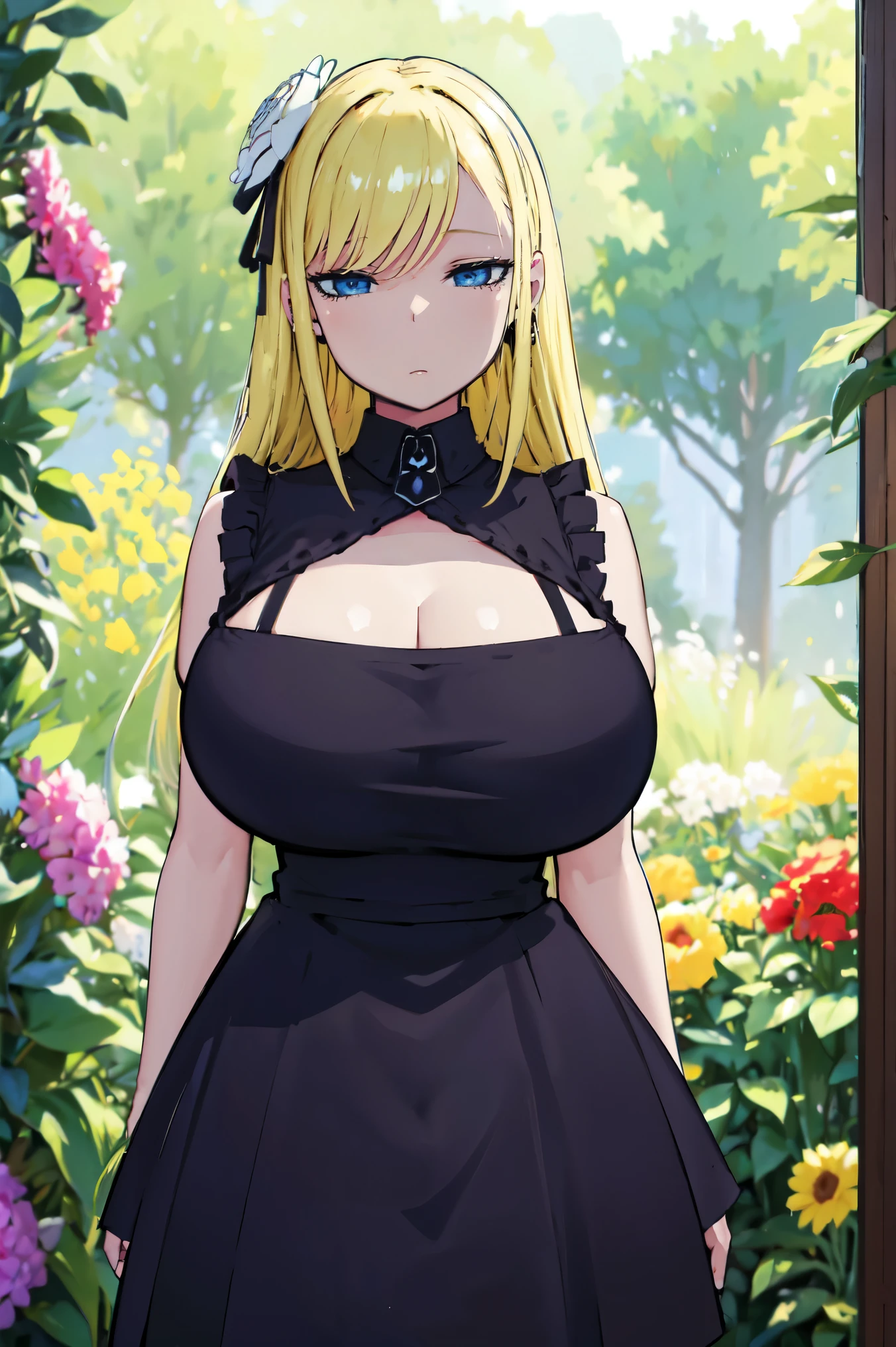 Blonde hair, very huge tits , (((black dress))),  thick, busty, blue eyes, long hair, ((upperbody)), emotionless, cleavage, flower garden