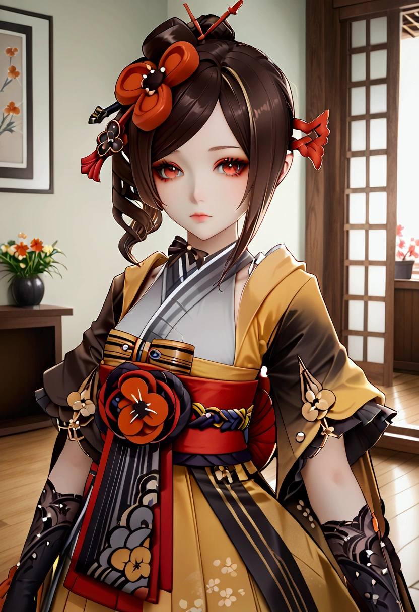 chiori, brown hair, hair ornament, red eyes, flower, hair flower, gloves, japanese clothes, sash, obi, stand, Confident pose, Room, Displeased face, Beautiful view, good atmosphere