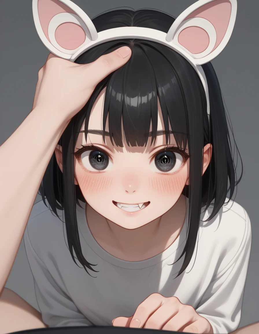 black hair, hair bobbles, wince, longeyelashes, solid circle eyes, fake animal ears, light smile, ear blush, fang, ccurate, Surrealism, drop shadow, anaglyph, stereogram, tachi-e, pov, atmospheric perspective, Fujifilm, three sided view, 8k, super detail, best quality