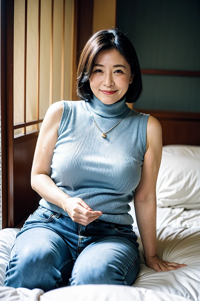 Japanese women、Mature Woman、Big Breast、smile、Wearing a necklace、The whole body is shown、Hotel room、entrance、Large areola、Are fat、wearing  tight sweater、HIGH neck sweater、sleeveless sweater、sitting on the bed、evening、wearing blue jeans pants、High image quality、real photo、borderline sweater、The body is on its side