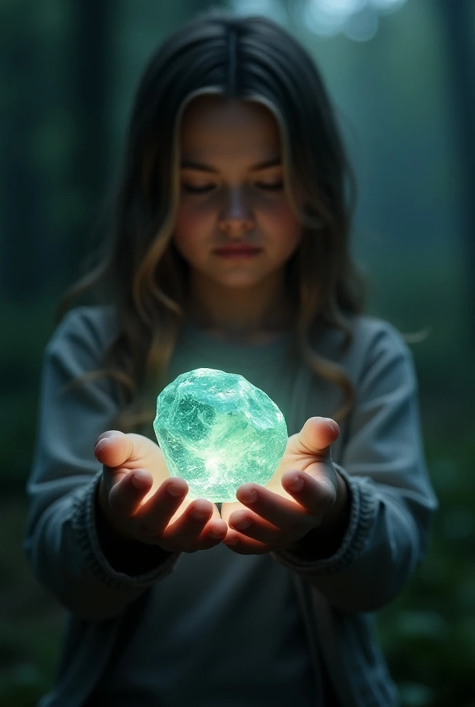 a close-up of a blonde child with long hair, BIG BALL OF electrified ICE IN HANDS. Smoke green.