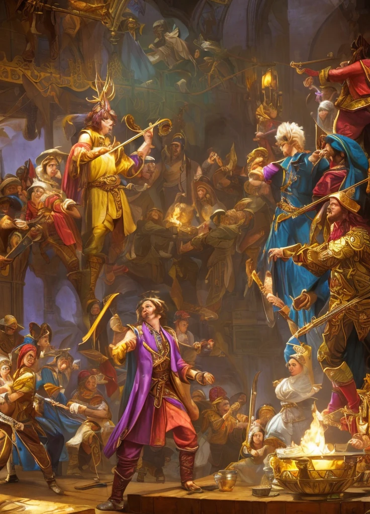 In a vibrant tavern, a flamboyant male hobbit bard dancing and plays the flute atop a table, wearing an extravagant hat and colorful clothes. Beside him stands a fierce female elven warrior in polished armor, observing the lively crowd. Golden coins scatter around, and patrons cheer in the background, creating an atmosphere of celebration. Capture the essence of camaraderie, music, and adventure in a fantasy setting.