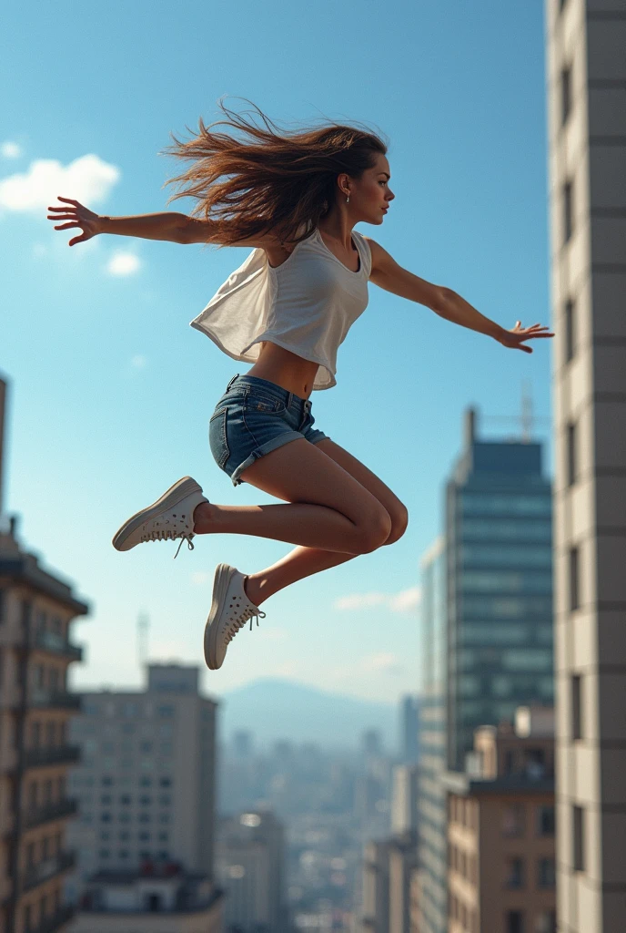a portrait of photorealistic a girl jumping over the camera(jumping stance:0.6) in stunning moment with a heavenly transition movement backgound, sport movement, high speed event, view from below, jump over camera, UHD, intricate detailed, 8k, best quality ever, masterpiece, super detailed, unleashed creativity, beyond imagination, dramatic light