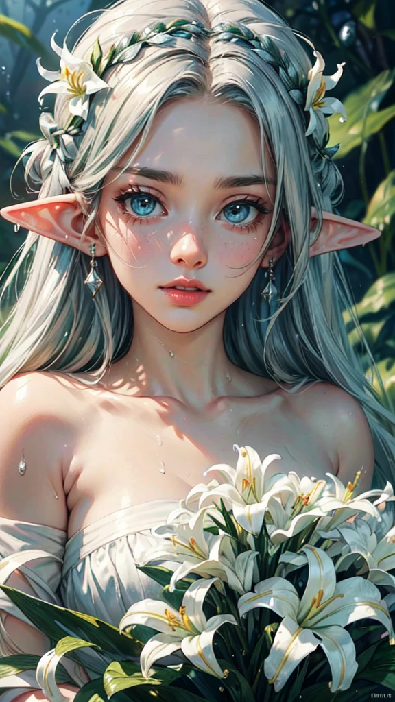 KAWAII girl in ((WHITE)) off shoulder, with Glossy RED lips, (Exposed:0.7), (nipple:-1), { Extremely closeup | Dynamic-angle }, ((Dazzling stained glass Background)), (( colorful Light pours down from stunning elaborate stained glass:1.2)), vivid Red colors . ((Acutance:0.8, physically-based 3D rendering with Volumetric lighting)), (masterpiece:1.2) of professional Analog photo with Hasselblad open aperture, (8K, ultra-detailed:1.35), (realistic, photorealistic, ((photo-realistic:1.37))with touch of rawness) . ((Renbutsu Misako)), (Extremely detailed KAWAII face variations, with Dynamic expressions),  (detailed eyes with sparkling highlights), captivating gaze, long eyelashes, subtle blush on the face, rosy cheeks, impeccable ivory skin texture . { full of flowers covering girl's body | Mystic sight | God rays | haze | Light Particle | Luminous Particle | Lens Flare | A Halo in the air | Overflowing underboob | Button Undoned } . (((Large eyes:-1))) .