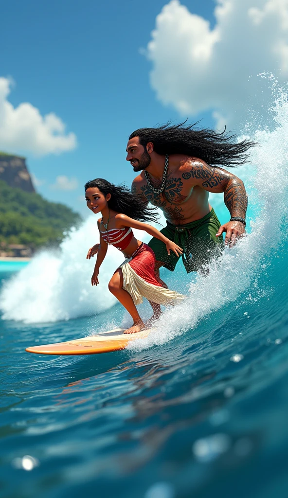 Strong dark blond boy , helping a black-haired, blue-eyed girl surf
