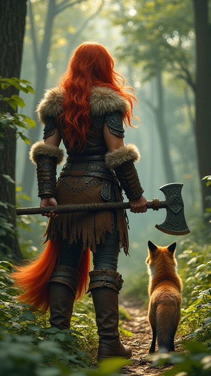 "Ultra-realistic image of a fierce red-haired warrior standing confidently in a dense forest, gripping a large, intricately designed battle axe in her hand. She wears rugged, barbarian-style armor made of leather and fur, adorned with tribal patterns and metal accents that reflect her warrior status. Her long, fiery hair flows freely, adding to her fierce presence.
Before her, a clever red fox stands at a cautious distance, its bright orange fur contrasting beautifully with the green foliage of the forest. The fox's eyes are sharp and intelligent, as it observes the warrior with a mix of curiosity and caution, sensing the strength and determination emanating from her.
The background is a rich tapestry of tall trees, thick underbrush, and dappled sunlight filtering through the leaves, creating a mystical and vibrant atmosphere. The tension in the air captures the moment of their encounter, blending the worlds of the fierce warrior and the cunning fox in this enchanting woodland setting."