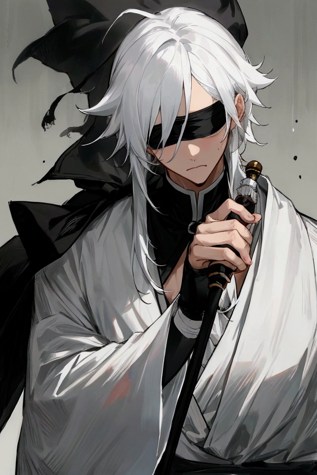 One boy, masterpiece, best quality, beautiful boy, expressionless, black extensions, white hair, kimono, chains, in the fog, anime