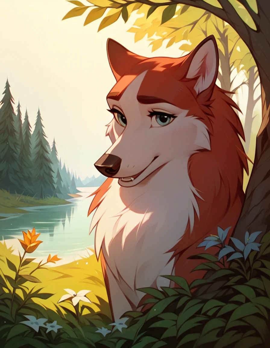 core_9, Score_9, Score_8_up, Score_7_up, Score_6_up, Score_5_up, Score_4_up, wild, Jenna de balto, wolf dog, soft fur with red tones, looking at you, smiling, cute, outdoors, forest, long eyelashes, portrait, beautiful, masterpiece, very detailed, shy face, sensuality, horny, jenna. He is in a passionate and playful mood, showing his wild and flirtatious side, focusing on his attractive features and body, including his furry canine genitals and his seductive hindquarters that invite a close encounter, while maintaining a captivating attitude. and seductive look at the viewer.