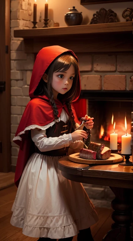 Little Red Riding Hood, fireplace, dining table, steak with blood, candles, red wine