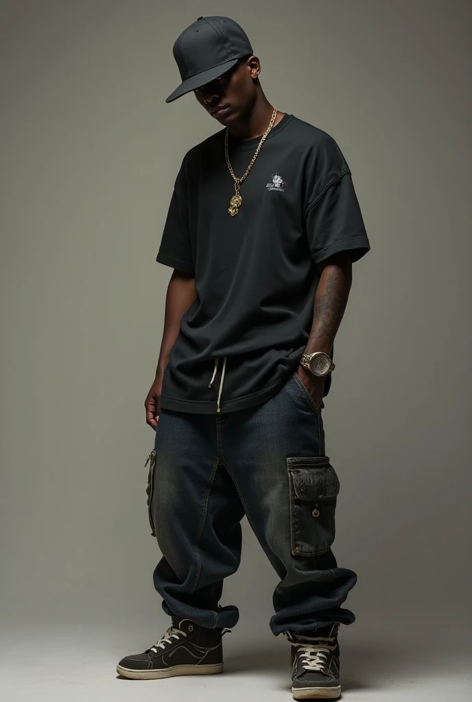 arafed man in a black shirt and jeans with a cigarette, lil wayne, 2 chainz, wearing a baggy, 9 0 s hip - hop fashion, official, travis scott, chief keef, wearing a bandana and chain, nipsey hussle, long full body shot, fear of god style, full body shot!!, papa legba, 3 / 4 pose with city background