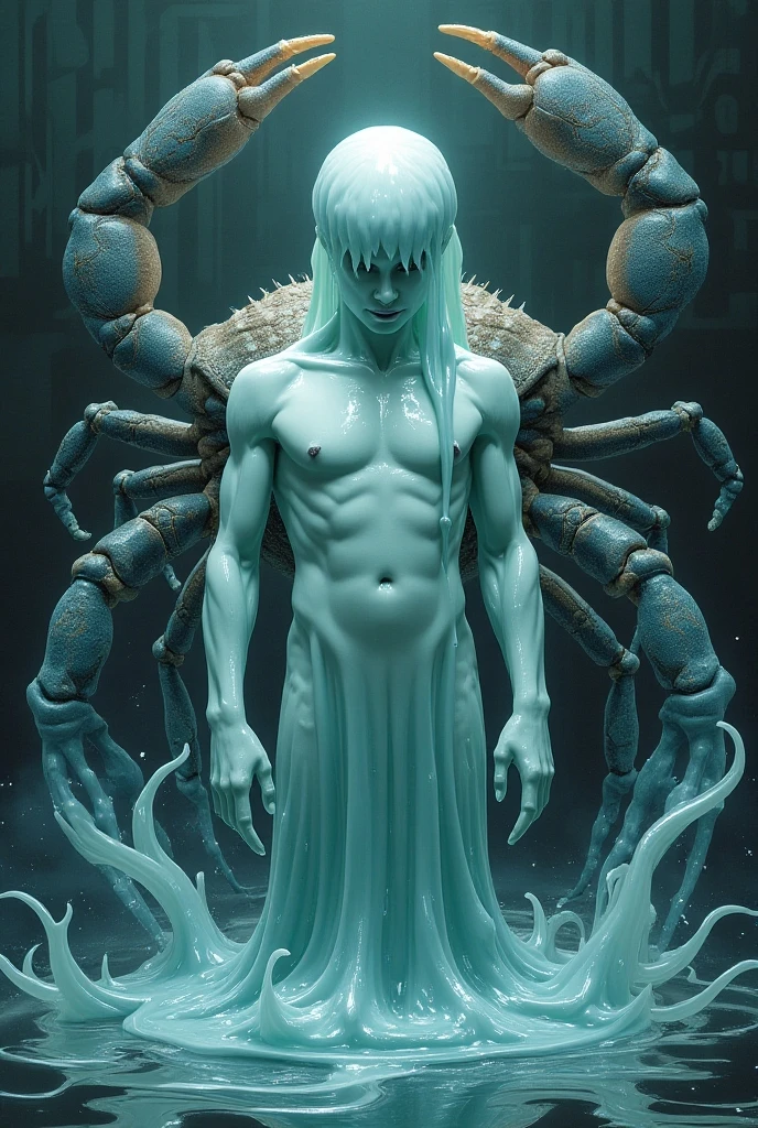 (masterpiece, best quality, 4k, hyperrealistic, dreamlike, Dark Souls:1.35), (inestimable vulnerable pale translucent albino ageless immortal weak lithe slender androgynous male parasitic impotent god with (beautiful eyes) claws (sharp teeth) (long tentacle hair) (flat chest) male crotch bulge soft belly weak stomach and groin pain, you know how to kill him:1.5)