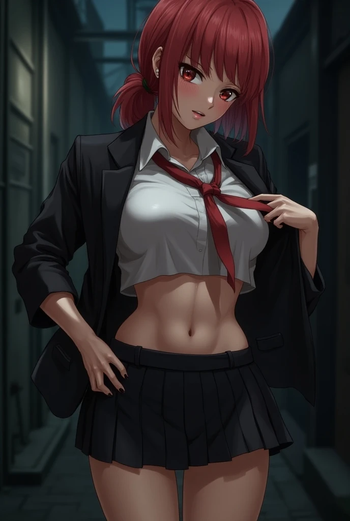 masterpiece, best quality, (1girl:1.000), (bracelet:1.000), (jewelry:0.998), (nishikino maki), (tied shirt:0.993), (red hair:0.987), (purple eyes:0.976), (navel:0.964), (plaid skirt:0.964), (front-tie shirt:0.961), cleavage ,(solo:0.953), (bangle:0.938), (choker:0.929), (ponytail:0.897), (skirt:0.895), (scrunchie:0.875), standing, (breasts:0.778), (midriff:0.672), (school uniform:0.618), (blush:0.617), (hair ornament:0.542), (white shirt:0.537), (simple background:0.517), (black choker:0.505), hand on hip, muscle abs