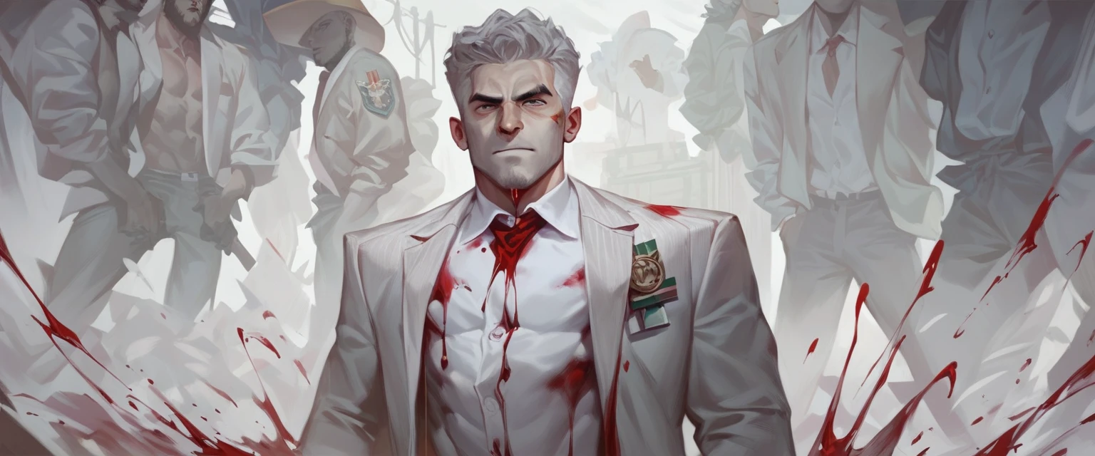  Italian man, gray hair, gray Barbara. Wearing a White suit  and black pants. Arrest. Standing . Blood stains on the shirt. Expression of Bravo. Blood dripping.   