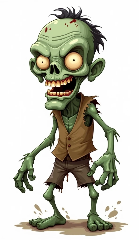 Make me a full body front facing zombie in cartoon style but gore and with clothes 