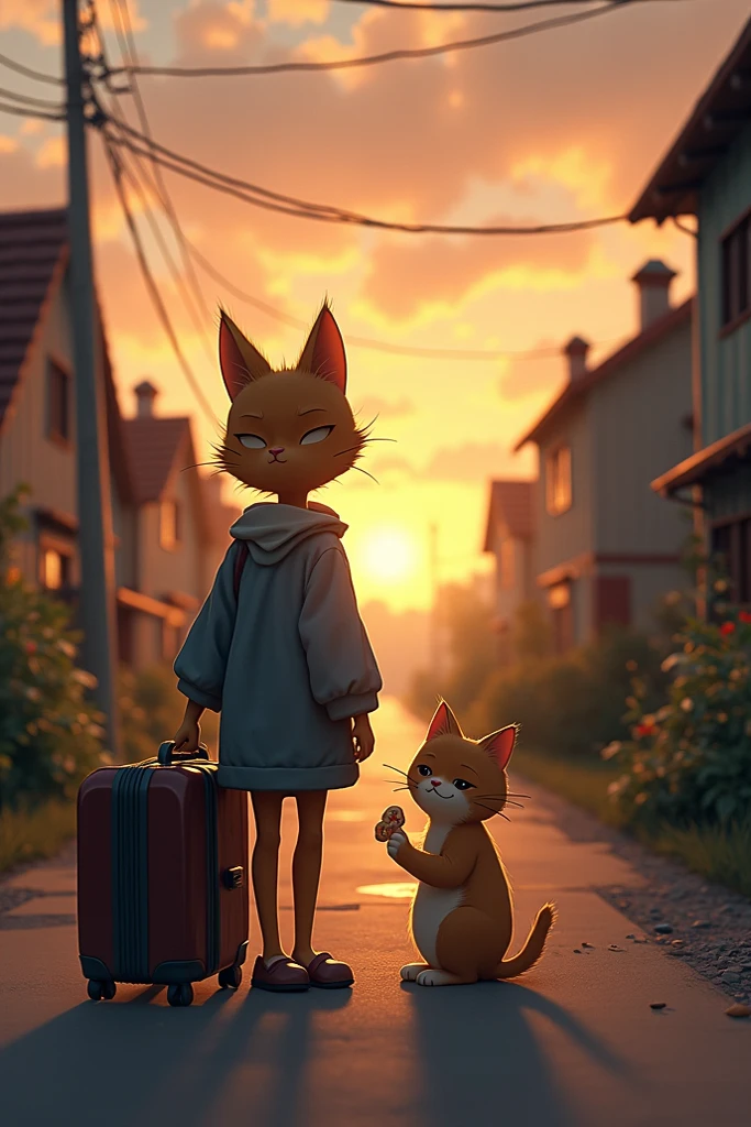 Scene 5: A Heartbroken Farewell
Luna stands at the edge of the village, a suitcase by her side, her gaze fixed on the horizon. Whiskers, dressed in his finest yet subdued attire, watches her leave from the shadows, his eyes filled with sadness but acceptance.
Visual: A quiet village road at dusk, Luna whit cat in a travel outfit, and Whiskers in the background, partially hidden, holding a small keepsake