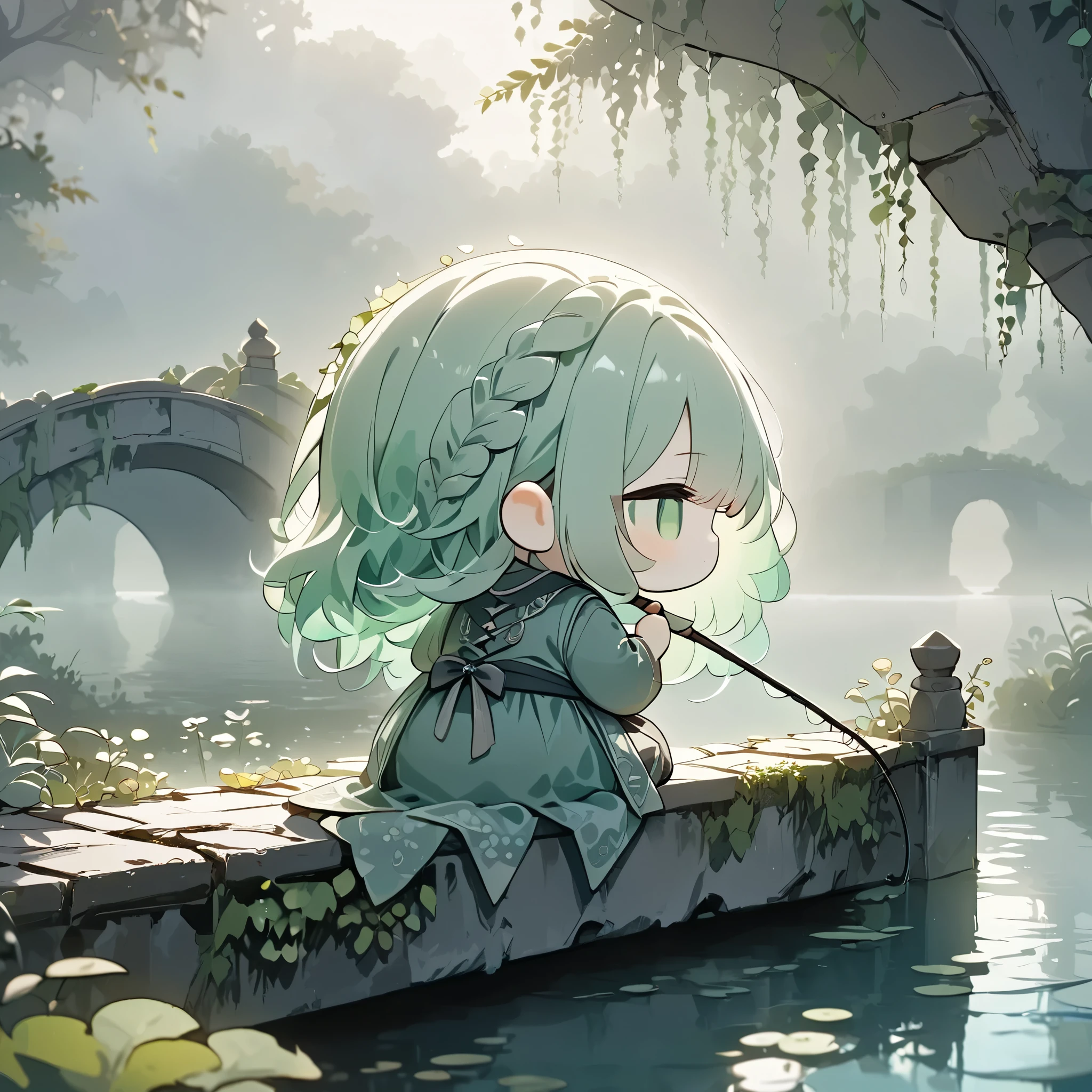 masterpiece, best quality, ultra-detailed, pastel tones, 
theme color green,chibi, masterpiece, best quality, 8k, highres, ultra-detailed, chibi, drkgirl,dark gothic,1girl,girl close up, back view, long hair, pastel hair color, holding fishing rod, enjoying fishing,indian style sitting, ancient bridge, moss covered, overgrown vines, sitting on bridge, dense fog, soft light, tranquil atmosphere, muted colors, serene landscape, ethereal ambiance, weathered materials, diffuse lighting, mystical environment, lake, fish poking head out of water, playful, cute, foggy effect covering the scene