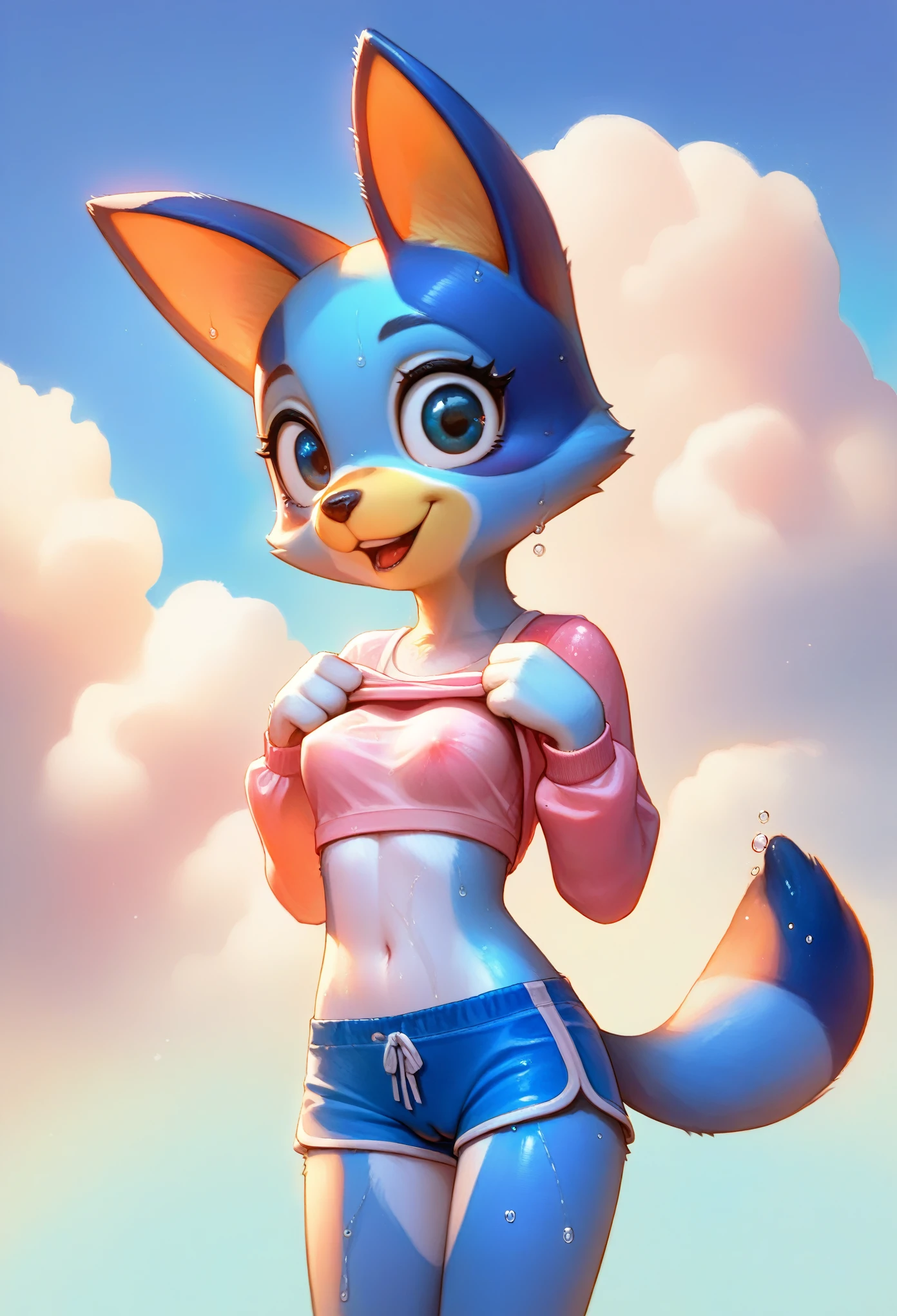 score_9, score_8_up, score_8, 1girl, source_cartoon, source_furry, watercolor style, artist_aogami, wallpaper, blueyxl, bluey heeler, (boxchibi:0.2), (cub), girl, cowboy shot, anthro, furry, tail, blue body, animal ears, wet fur, sky, day, cloud, blue sky, (excited expression), like joy, whimsical, mischievous, feminine, female, (slender figure), (slim body), (con body), detailed fur texture, cute outfit, blue shorts, pink shirt, long sleeve, hip vent, camel toe, sassy, (bendover), (bending over), (pose), curved back, 