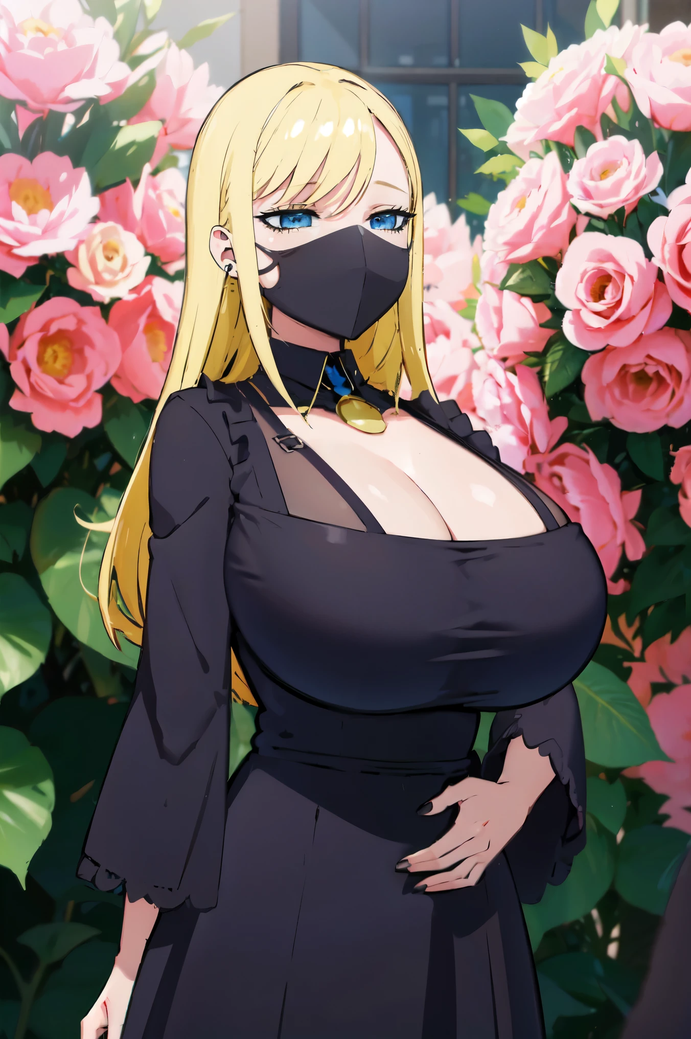 Blonde hair, very huge tits , (((black dress))),  thick, busty, blue eyes, ((upperbody)), emotionless, cleavage, flower garden