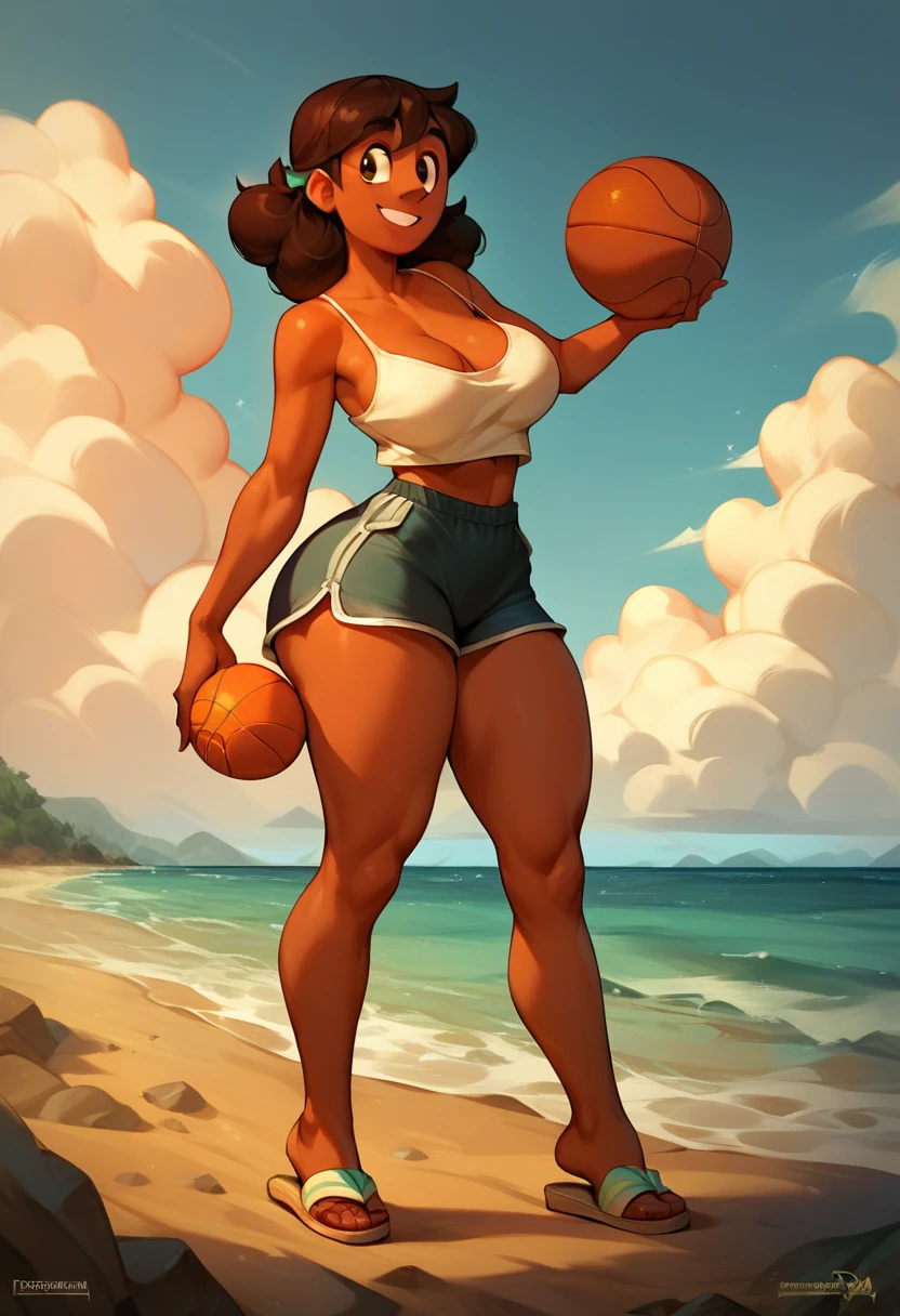 source_cartoon, connie_maheswaran, 1girl, solo, small basketball shorts, spaghetti top, large breasts, big butt, sandals, full body, standing, on the beach, sunny day, clouds in the sky, ocean, smile, happy,