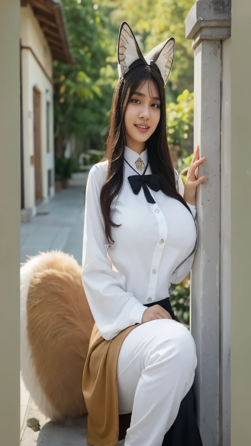 ((highest quality)), ((masterpiece)), (get used to it), perfect face, fox girl, Beautiful woman, public, A tail is growing, she has a fluffy tail, she has a fox tail, she wags her tail, smile, collar and leash, get down on all fours, She is wearing a nurse uniform, beautiful hips, big breasts , big tail