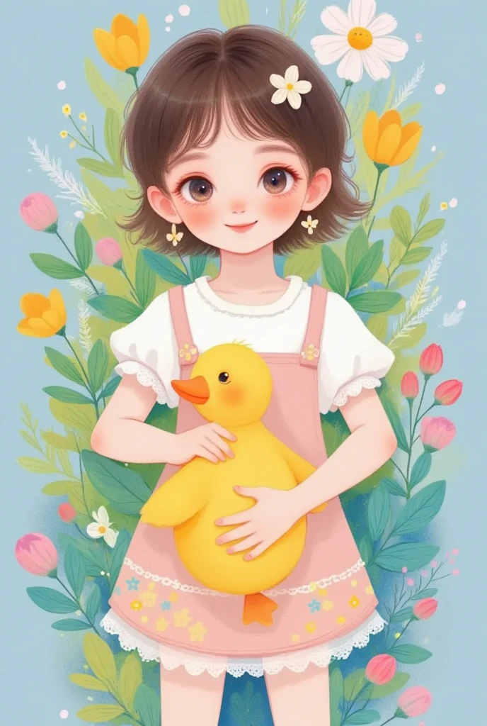 The breath of spring，Closeup of a girl in a dress holding a duck, Smile，Flowers ,   pixiv Contest Winner  , Fantasy Art, cute的数字艺术,  exquisite digital art, cute的艺术风格, 软萌动漫插画, cute的数字绘画,  cute的细节艺术品 ,  A beautiful artwork illustration , cute又cute, cute, cute的艺术品